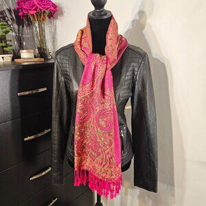 Gold, pink, floral, paisley, reversible, authentic pashmina scarf.